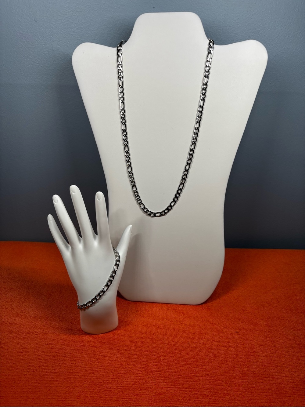 Men's Stainless Steel Figaro Chain Necklace and Bracelet Set